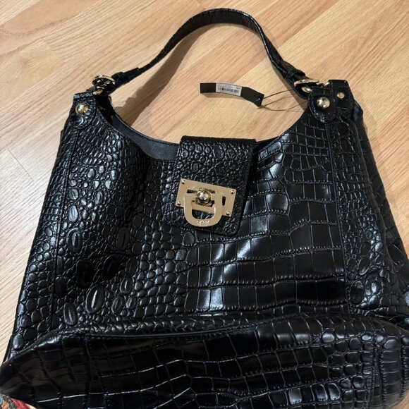 NWT DKNY Black Crocodile Embossed Leather Hobo Bag - Picture 9 of 14